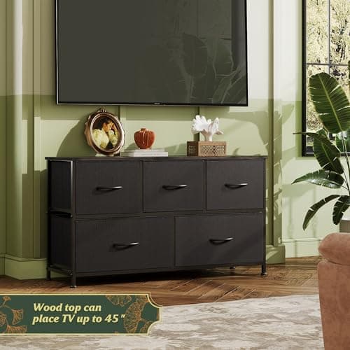 WLIVE Dresser for Bedroom with 5 Drawers, Wide Chest of Drawers, Fabric Dresser, Storage Organizer Unit with Fabric Bins for Closet, Living Room, Hallway, Charcoal Black 8