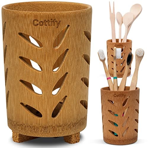 Eco-Friendly Bamboo Toothbrush Holder with Drainage – Quick Drying Single-Piece Design – Toothbrush Holders for Bathrooms – Wooden Toothbrush Holder Resilient in Humid Conditions - Matte Leaves