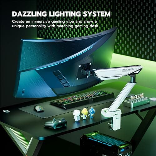 ARES WING RGB Single Monitor Arm Desk Mount for 17-45 inches Flat and Curved Monitors, Holds 35.2 lbs Heavy Duty, Adjustable Ultrawide Monitor Arm with Clamp & Grommet Base, 75/100 VESA Mount, White 8