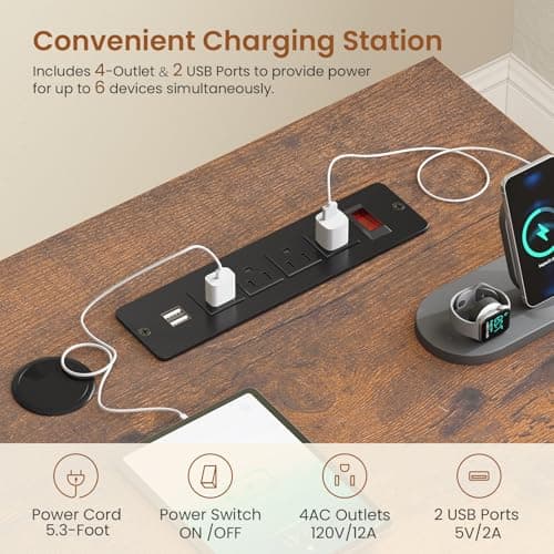 SEDETA L Shaped Electric Standing Desk with File Cabinet, 63 x 53'' Height Adjustable Home Office Computer Desk with 3 Drawers, Power Outlet, Stand up Gaming Table with Led Lights, Rustic Brown 6