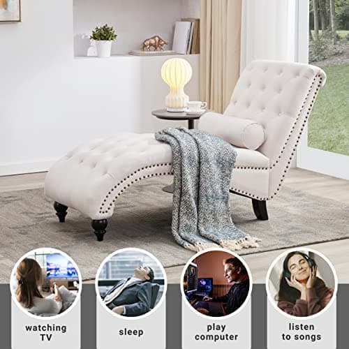 Iroomy Button-Tufted Chaise Lounge Indoor with Solid Wood Legs & Support Pillow, Upholstered Chaise Lounge Chair for Bedroom Living Room Office, Armless Rolled Backrest Leisure Sofa Recliner(Beige) 8