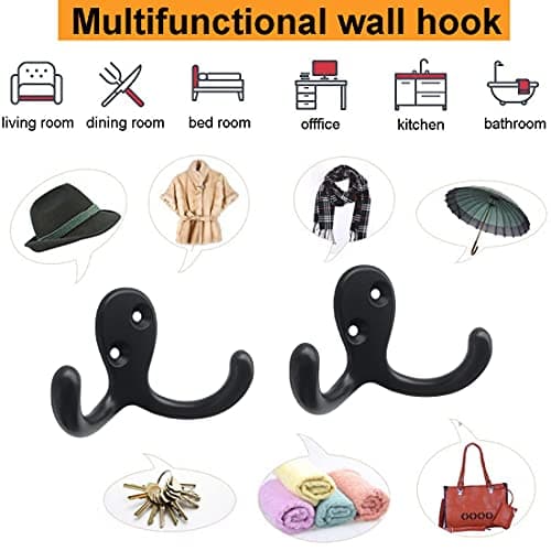 MsBong Coat Hooks Hardware, 10Pcs Wall Hooks Heavy Duty Hooks for Hanging Coats No Rust Double Robe Hook Wall Mounted for Key Towel Bags Cup Hat (Black) 7