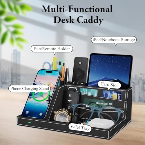 TopMade Wireless Charger Desk Nightstand Organizer, Leather Pen Holder Office Supplies Desk Accessories Fast Charging Station, Remote Control Holder, for iphone Charger Stand Gifts for Men (Black) 6