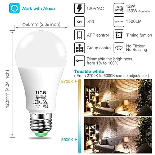 UCB Alexa Light Bulb 130W Equivalent, Smart Light Bulbs Warm White to Daylight Tunable, A19 E26 Bluetooth LED Bulbs Work with Alexa Only for Bedroom Kitchen Living Office No WiFi Required 4 Pack 2