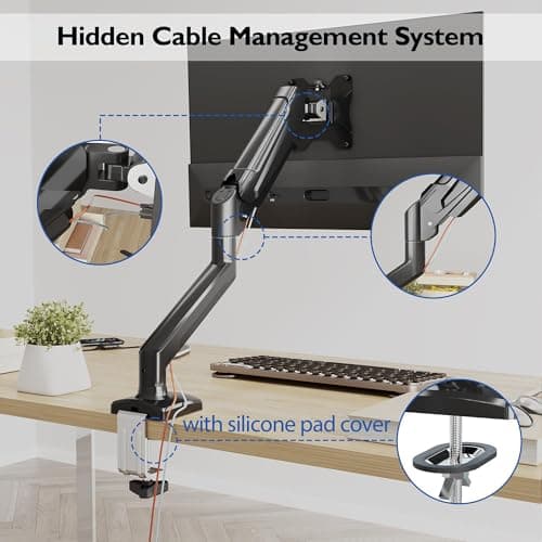 BONTEC Monitor Arm for 13-32 Inch Screens, Ergonomic Gas Spring Single Monitor Mount, Full Motion Desk Stand with Tilt Swivel Rotation, VESA 75x75mm 100x100mm, C Clamp, Grommet Base, Cable Management 8
