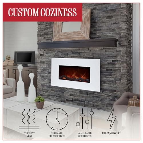 Northwest Wall Mounted Electric Fireplace Heater - 10-Color LED Flame and 3 Media Backgrounds 36-Inch Wall Mounted Fireplace with Adjustable Brightness and Remote (White) 5