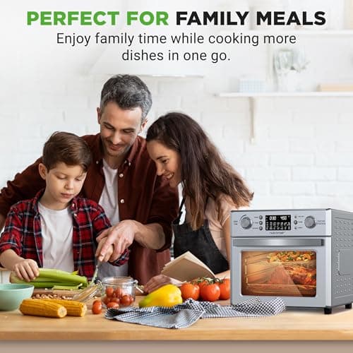 NutriChef 26QT Air Fryer Oven | Countertop Convection Toaster & Air Fryer | 360° Rotisserie Feature | 10 Digital Presets | Includes Drip Tray, Air Frying Basket & Bake Rack 15x16x14 | Stainless Steel 8