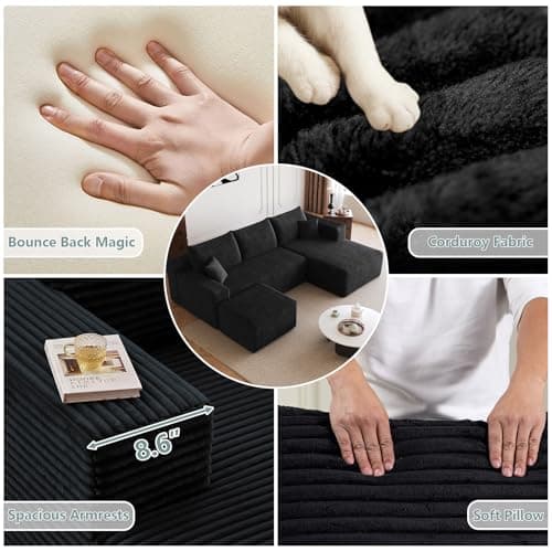 95" Modular Sectional Sofa with Ottoman, Modern Corduroy Cloud Couch with Deep Seat, Boneless Couch Upholstered 3-Seater U-Shaped Sofa for Living Room, No Assembly (Black,Right-Facing Chaise) 3