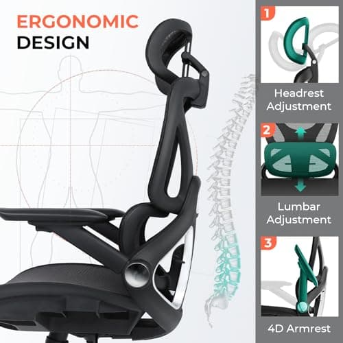 CAPOT Ergonomic Mesh Office Chair, Adjustable Lumbar High Back Desk Chair 400lbs, 4D Flip-up Arms, 3-Level Tilt Backrest, 3D Headrest, PU Wheels, Swivel Rolling Computer Seating for Long Desk Work 9