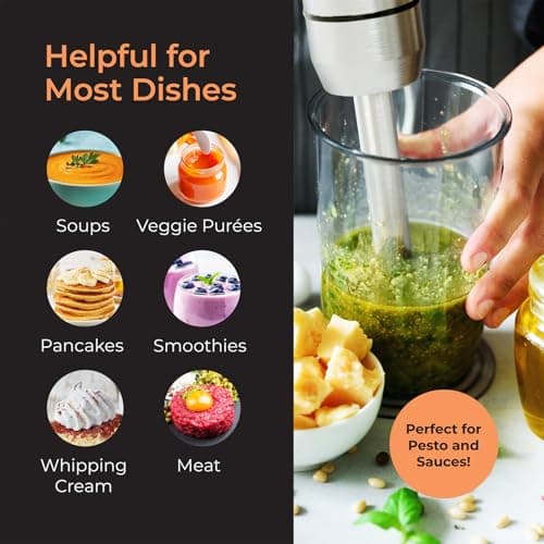 MuellerLiving Ultra-Stick Immersion Hand Blender, 500W Heavy Duty Motor, 8-Speed Turbo Setting, Includes Blending Shaft, Whisk, Milk Frother & Measuring Beaker 6