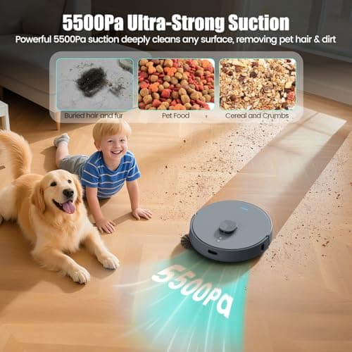AIRROBO T25+ Robot Vacuum and Mop Combo, 5500Pa Suction, Pet Area Smart Boost, Carpet Detection, Tangle-Free Brush, LDS Mapping, APP Control, 3.5L Self-Empty Bin for Hard Floors, Carpets, Pet Hair 5