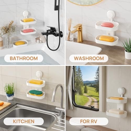 LEVERLOC Soap Dish Holder for Shower, Double Layer Suction Cup Wall Mounte Self Draining Removable Waterproof Strong Suction Bar Soap Holder for Shower, White 8