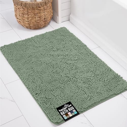 KANGAROO Bathroom Rugs, Chenille Soft Absorbent Bath Rug, Shaggy Shower Mat, Quick Dry Machine Wash Bathmat, Plush Carpet Mats for Tub, Bathtub and Room Home Decor Accessories, 24x17, Sage