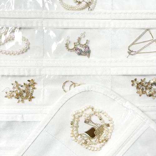 DonYeco 1 Pack Hanging Jewelry Organizer 80-Pocket Dual-sided Jewelry Storage for Earring Necklace Bracelet Ring Travel Holder, White 7