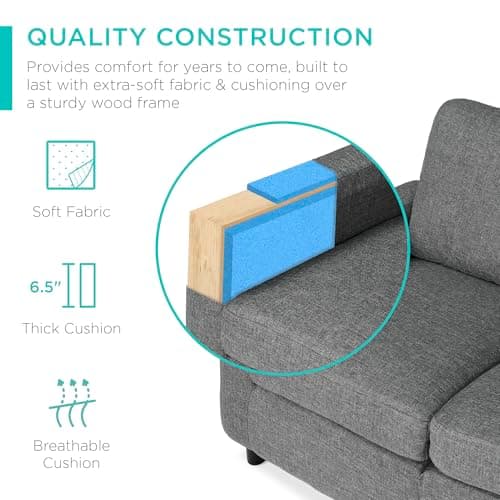 Best Choice Products Upholstered Sectional Sofa for Home, Apartment, Dorm, Bonus Room, Compact Spaces w/Chaise Lounge, 3-Seat, L-Shape Design, Reversible Ottoman Bench, 680lb Capacity - Gray 6