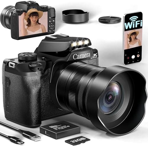FLATIC Digital Camera with WiFi, 5K/4K Cameras for Photography with 180°Flip Screen, Vlogging Camera with 64GB/32GB Card, Battery, Camera for Beginner, Teens