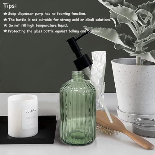 Green Glass Soap Dispenser Set with Black Pump, 13.5oz Refillable Liquid Hand Soap Dispenser, Lotion Dish Soap Dispenser for Modern Home Decor, Bathroom, Kitchen Countertop, Hotel(2 Pack) 6