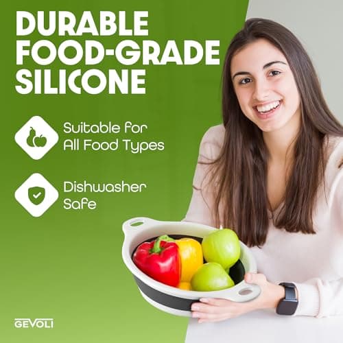 Gevoli Collapsible Colander Strainer, Includes Over-sink Countertop Draining Base (5QT) Large Kitchen Drainer for Vegetables Fruit and Pasta, Round Foldable Draining Basket, Easy Storage (White) 7