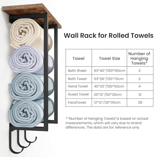 ELITEROO Towel Racks for Bathroom Wall Mounted, Towel Holder with Wooden Shelf and 3 Hooks for Washcloths Hand Towel, Bath Towel Storage Organizer for Small Bathroom, RV, Rustic Brown 9