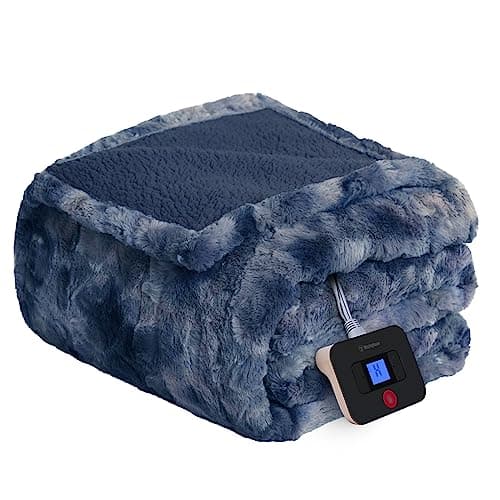 Westinghouse Electric Blanket Full, Faux Fur Heated Blanket with 10 Heating Levels & 1-12 Hours Auto Off, Soft Cozy Sherpa Heated Blanket Washable Blanket (80" x 84" Full Size, Indigo)