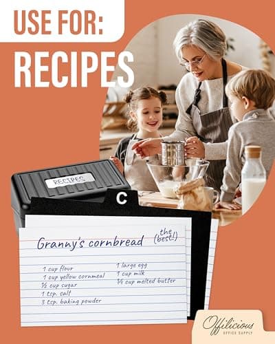OFFILICIOUS Sturdy Index Card Holder Box 3x5 - Premium Business Card Organizer for Flash Cards, Notecards, Recipes - Recipe Box Case with Plastic Index Cards Dividers & Labels 5
