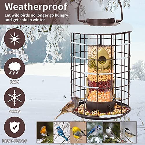 Mosloly Caged Bird Feeders Metal - 3 Lbs - Squirrel-Proof Wild Bird Feeders, Clear Tube Feeders Hanging Outside Starling Proof, Detachable Cleaning, 4 Feed Ports(Copper) 5