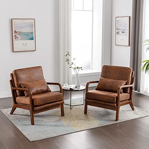 Mid Century Modern Accent Chair Set of 2 Living Room- Comfy Solid Wood Arm Chair with Lumber Pillow Lounge Decorative Brown Leather Office Side Chair Bedroom Reading Nook Sillas De Sala Microfiber 10