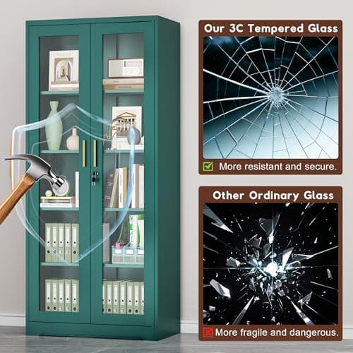 UNICOLY Lockable Display Cabinet with Glass Doors, Curio Cabinets with 4 Adjustable Shelves, Liquor Bookcase Bookshelf with Doors, Metal Storage Cabinet for Living Room Pantry, Green 6