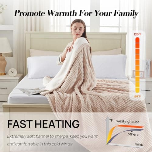 Westinghouse Full Size Heated Blanket, Soft Flannel to Sherpa Reversible, Electric Blanket Full with 10 Heating Settings & 1-12 Hours Auto Shut Off, Machine Washable, (72" x 84", Beige) 5