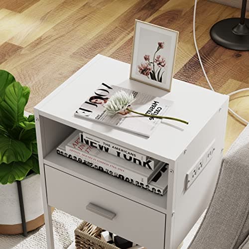 LDTTCUK Nightstand with Charging Station, Modern End Table with Drawer, White Bedside Table with Open Storage for Bedroom 6