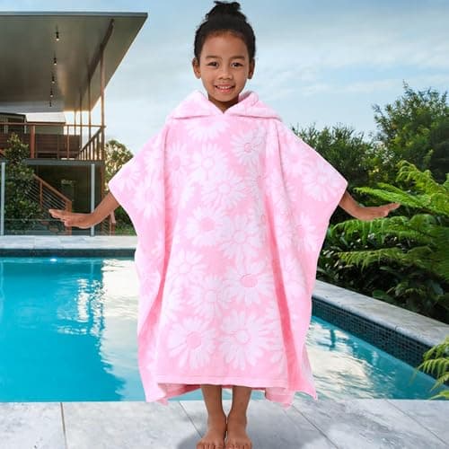 VOOVA & MOVAS Thick Hooded Bath Towel Poncho for Kids (4-8Years) - Soft, Absorbent Turkish Cotton Swim Towel Robe, Perfect for Bathroom | Pool | Swim, Jacquard, Pink with White Daisy Theme 5