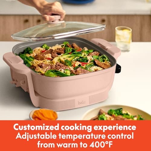 bella Make & Take Electric Skillet, Fits-anywhere™ kitchenware, EverGood™ Ceramic Coating, Adjustable Temperature & Dishwasher-Safe Tempered Glass Lid, Cast Aluminum Base, 1200 Watt, Blossom 5