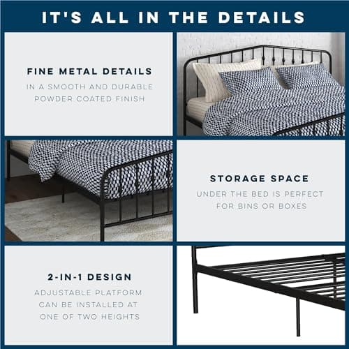 Novogratz Bushwick Modern Metal Bed, Slightly Triangular Headboard and Footboard with Inset Spindles, Adjustable Base Height for Underbed Storage, Requires No Box Spring, King Size - Black 6
