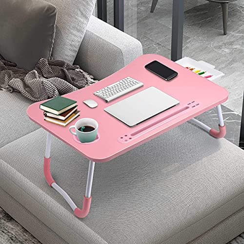 Slendor Lap Desk with Tablet Slot, Foldable Laptop Table with Storage Drawer for Bed，Portable Bed Desk for Laptop, Computer Tray with Cup Holder Notebook Stand Reading Holder for Couch Floor, Pink 8