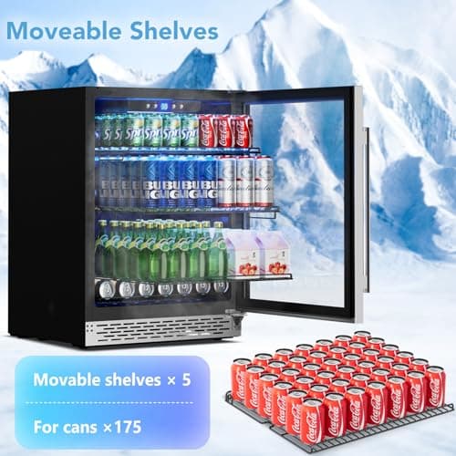 Phiestina Beverage Refrigerator 175 Cans Under Counter Beer Cooler 24 inch Quiet Built-in or Freestanding Beverage Fridge Glass Door Auto Defrost 5 Removable Shelves for Home Bar Office 6