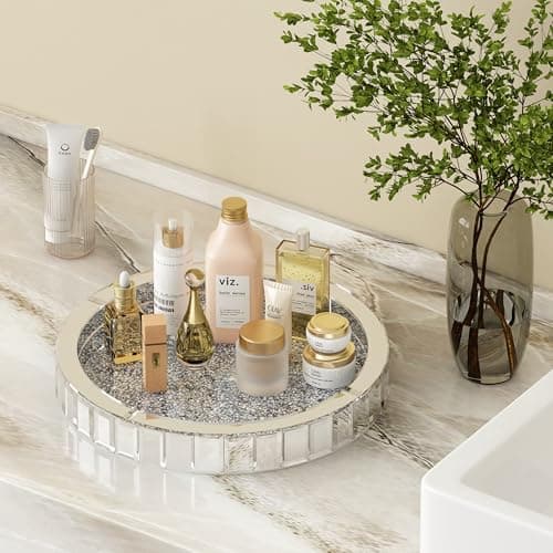 Blingworld 14" Mirrored Tray with Lazy Susan, Easy Access, Super Gorgeous Round Tray with Crushed Diamond Silver Finish - Perfume Organizer & Jewelry for Dresser 6