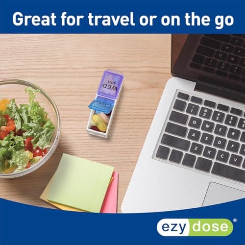 EZY DOSE Weekly AM/PM Pill Organizer, 7-Day Vitamin Container and Daily Medication Box with Large Pop-Out Compartments, 2 Times a Day Pill Holder, Blue and Purple Lids, Travel-Friendly Design 10