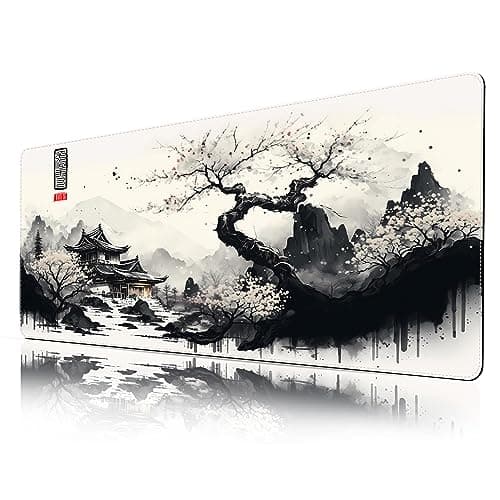 ProbTis Japanese White Mouse Pad, Large Cherry Blossom Desk Mat, XL Anime Gaming Keyboard Mat, Non-Slip Rubber Base, Big Extended Desk Protector for Home Office, 31.5"x11.8" (River Snow) 7
