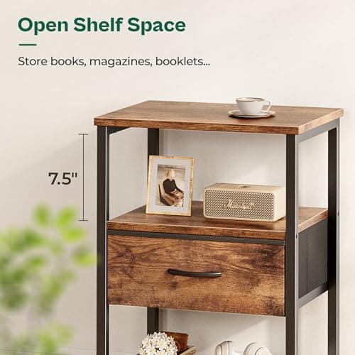 Huuger Night Stand with Fabric Drawer, Side Table with Mesh Shelf, Bedroom Nightstand, Fabric Drawer Dresser, Open Shelf, Metal Frame, Couch Side, Rustic Brown 9