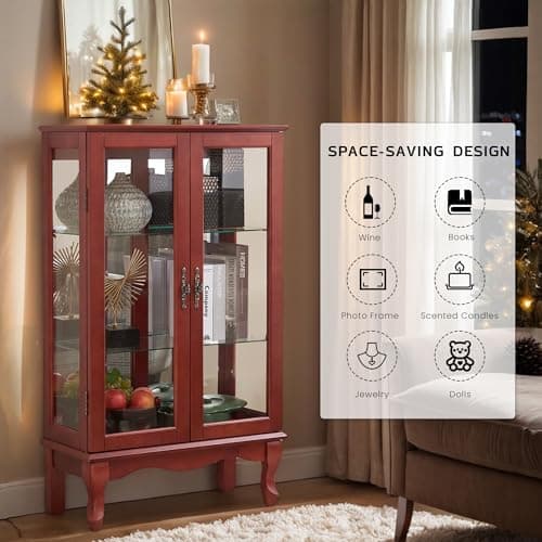 44" Small LED Glass Accent Curio Cabinet, Vintage China Cage with 2 Tempered Glass Doors & Adjustable Shelves, Acrylic Mirrored Pane, Elegant Wine Artwork Showcase for Living Room/Kitchen (Cherry) 7