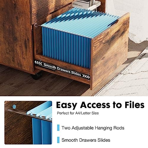 Sweetcrispy 3-Drawer File Cabinet, Lateral Mobile Filing Cabinet Wood Storage Organizer with Wheels, Printer Stand & Open Shelves for Home Office Under Desk Organization - Brown 5