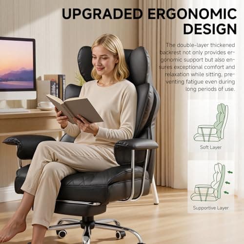 COMHOMA Big and Tall Office Chair, High Back Leather Gaming Chair with Footrest, Executive Ergonomic Office Chair with Pocket Spring Lumbar Support and with Outward Fixed Soft Armrests 5