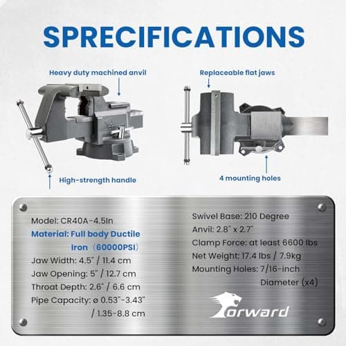 Forward CR40A 4.5 Inch Bench Vise Heavy Duty Vice with Anvil and 210 Degrees Swivel Base (4 1/2") 7