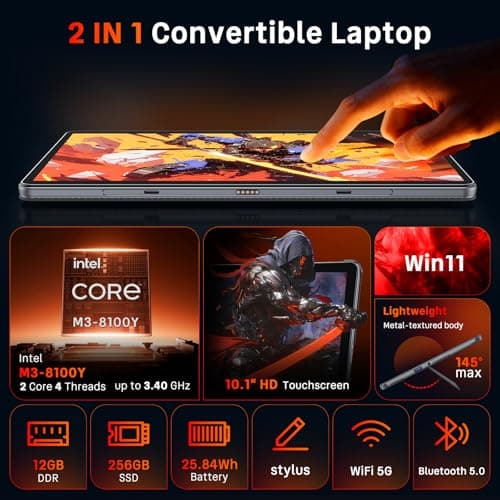 Tylvx 2-in-1 Tablet Win 11-10.1" Touchscreen PC, Intel m3 8100Y up to 3.4GHz, 12GB RAM 256GB SSD, with Stylus & Case for Home, Business, Students, Digital Sketching 2