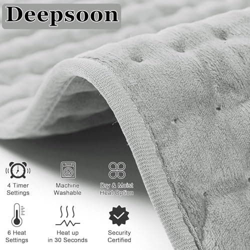 Deepsoon Heating Pad,Electric Heating Pads for Back,Neck,Abdomen,Moist Heating Pad for Shoulder,Knee,Arms,Legs,Dry/Moist Heat & Auto Shut Off,Christmas Gifts for Men and Women,Light Gray,24x12 Inch 9