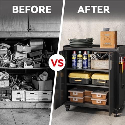 COFaR Heavy-Duty Rolling Storage Cabinet, 2-Door Metal Garage Cabinet with 2 Adjustable Shelves, Lockable Wheels & Locking Doors, 35"H Large Capacity Tool Chest for Workshop, Garage, Warehouse - Black 7