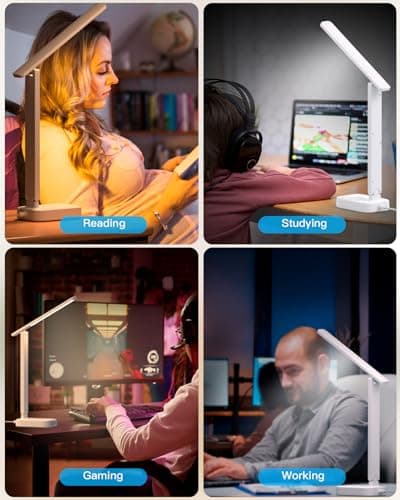 One Beat LED Small Desk Lamp Power Strip 5ft Extension Cord, 3 Outlets, 4 USB Ports(2 USB C), 4 Modes, 5 Level Touch- Home, Office, Bedroom, Bedside, Study Reading Light, Dorm Room Essentials, White 5