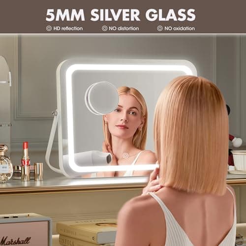 Hasipu Vanity Mirror with Lights, 14" x 10" LED Makeup Mirror, 3 Modes Light, Smart Touch Control Dimmable, 360°Rotation, Rectangle White Frame, with 5X Magnifying Glass 5
