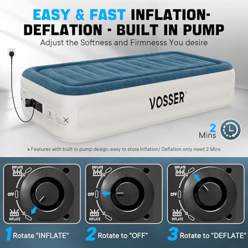 VOSSER Twin Air Mattress with Built-in Pump,Fast & Easy Inflation/Deflation Inflatable Mattress, Foldable Blow Up Mattress with Storage Bag, Inflatable Bed for Home, Camping & Guests 5