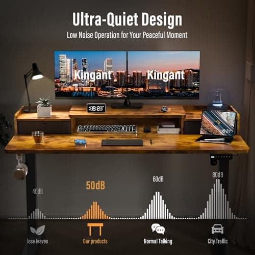 Kingant 48" x 30" Standing Desk with Drawers, Large Desktop, Ergonomic Sit Stand Desk for Home Office Work, Cable Management, 3 Preset Heights & 2 Hooks, Rustic Brown 6